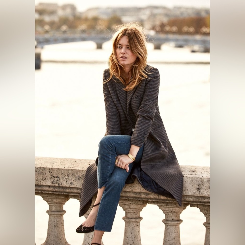 Sezane “Joan” Long Wool Coat in Brown Houndstooth Check Sz 34 (2018 Quality)